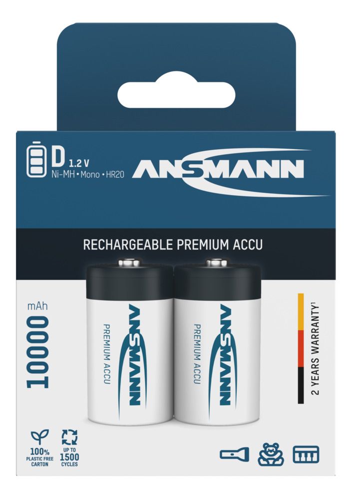 Ansmann High Capacity D HR20 10000mAh Rechargeable Batteries | 2 Pack