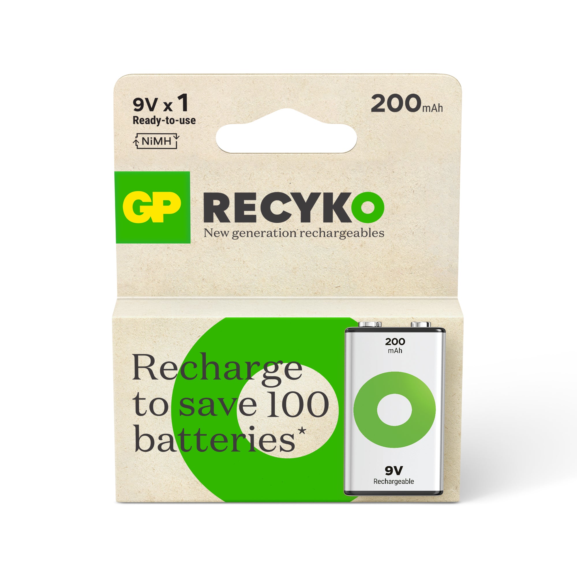 GP ReCyko+ 9V PP3 200mAh Rechargeable Batteries | 1 Pack