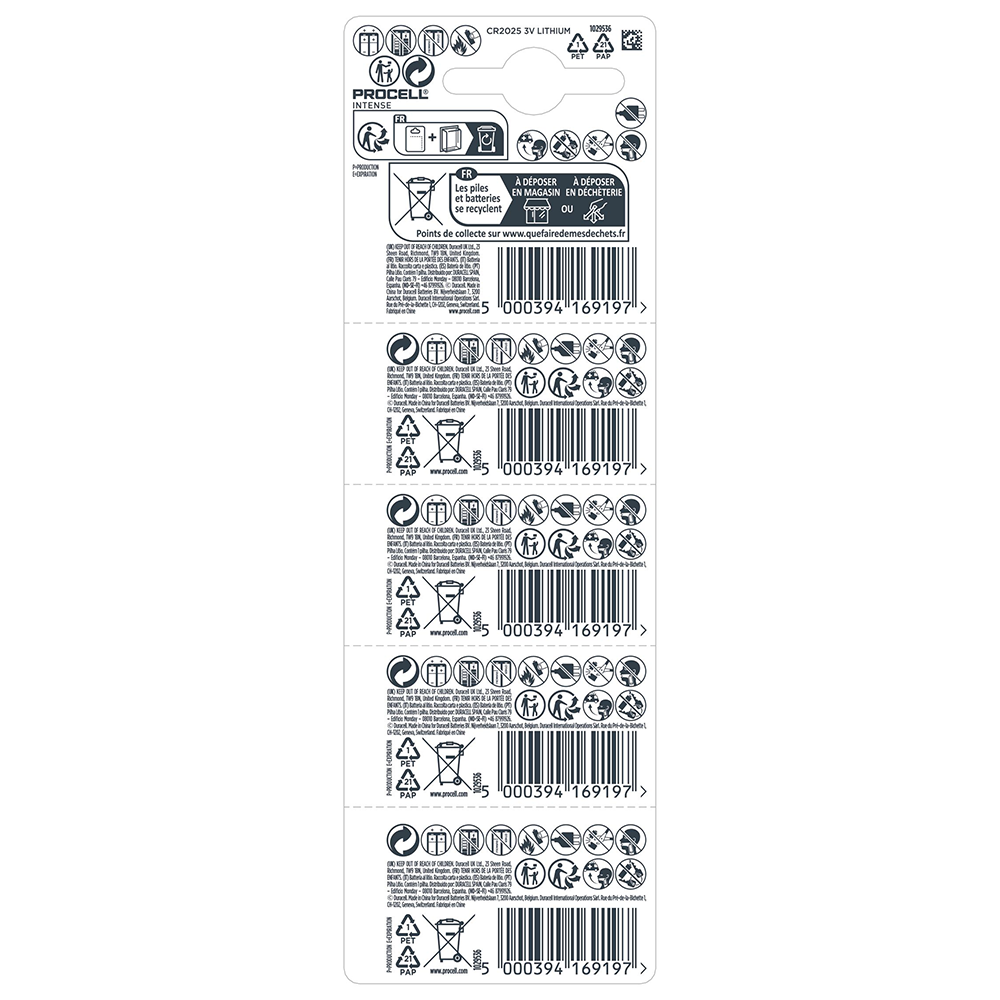 Duracell Procell Intense CR2025 Coin Cell Lithium Batteries | 5 Pack