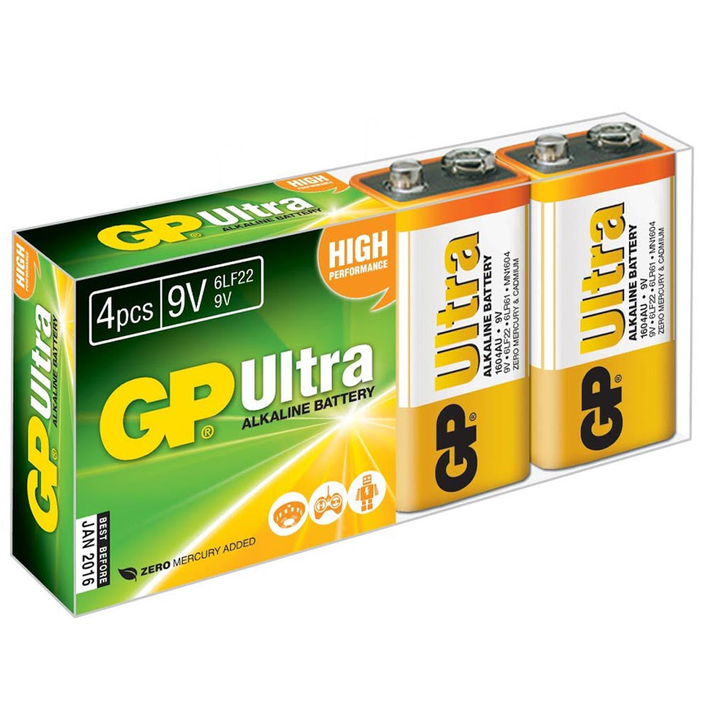GP Ultra Alkaline 9V PP3 6LR61 Batteries | 4 Pack